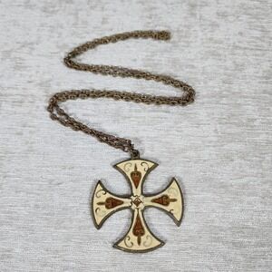 vintage-style Maltese cross pendant necklace Brass Cream and Gold Enamel Long